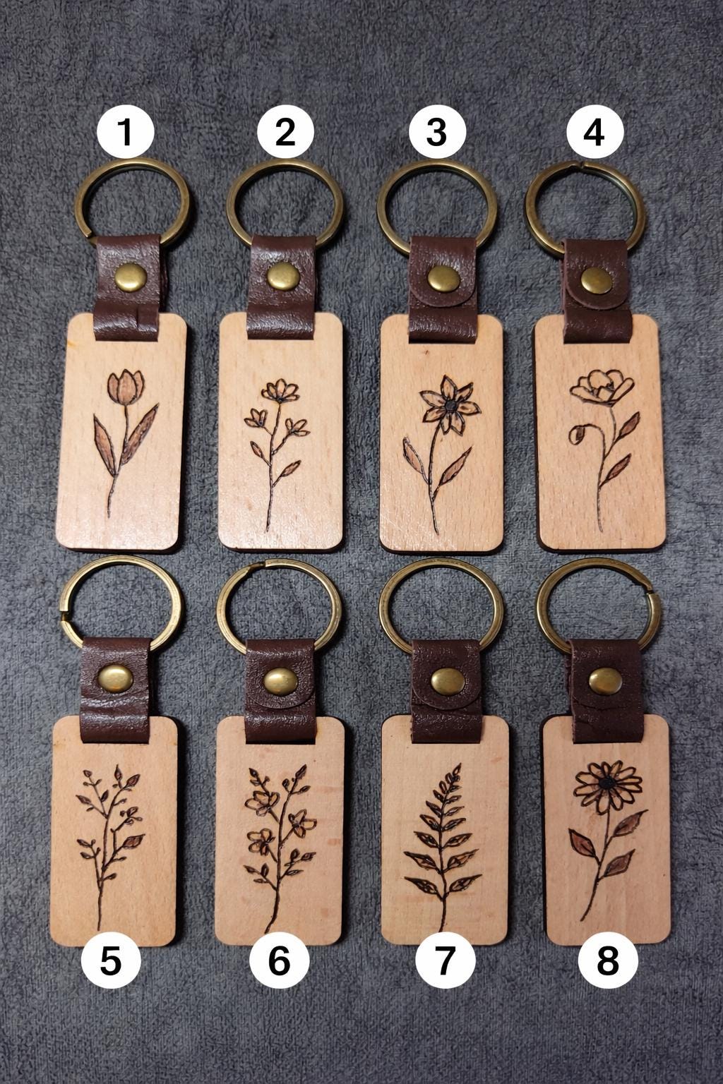 Hand Burned Rustic Botanical Wooden Keyring
