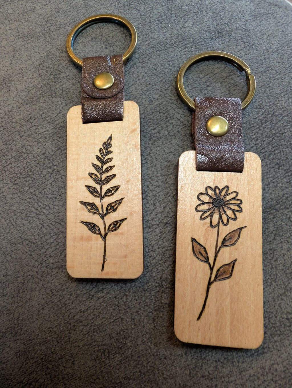 Hand Burned Rustic Botanical Wooden Keyring