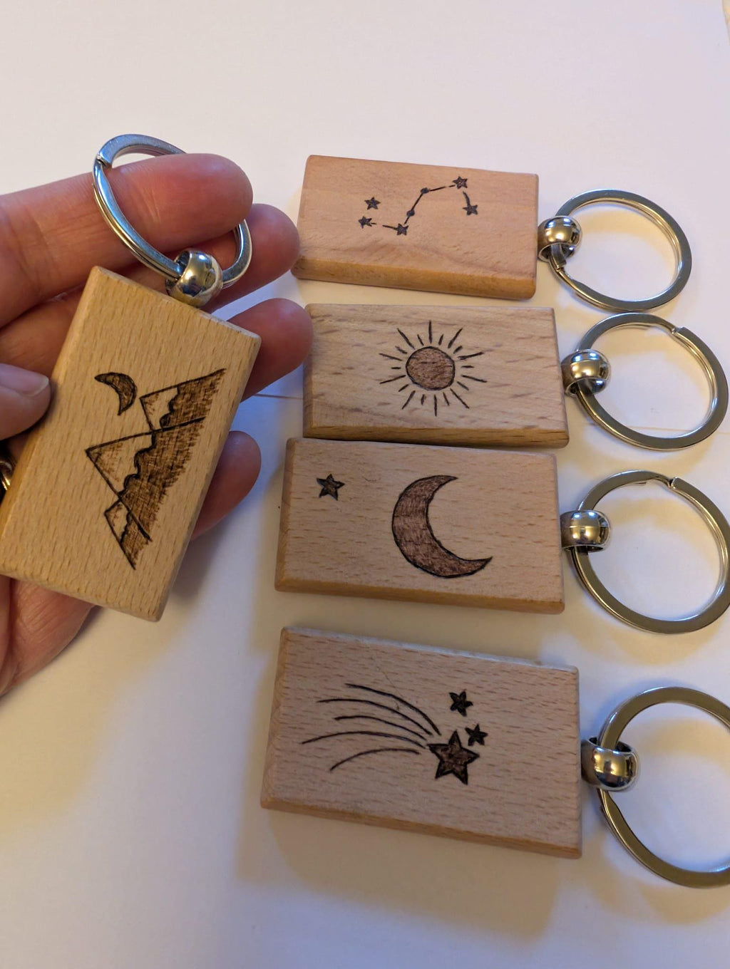 Hand Burned Wooden Keyring – Celestial Sun Moon Star Constellation Keychain