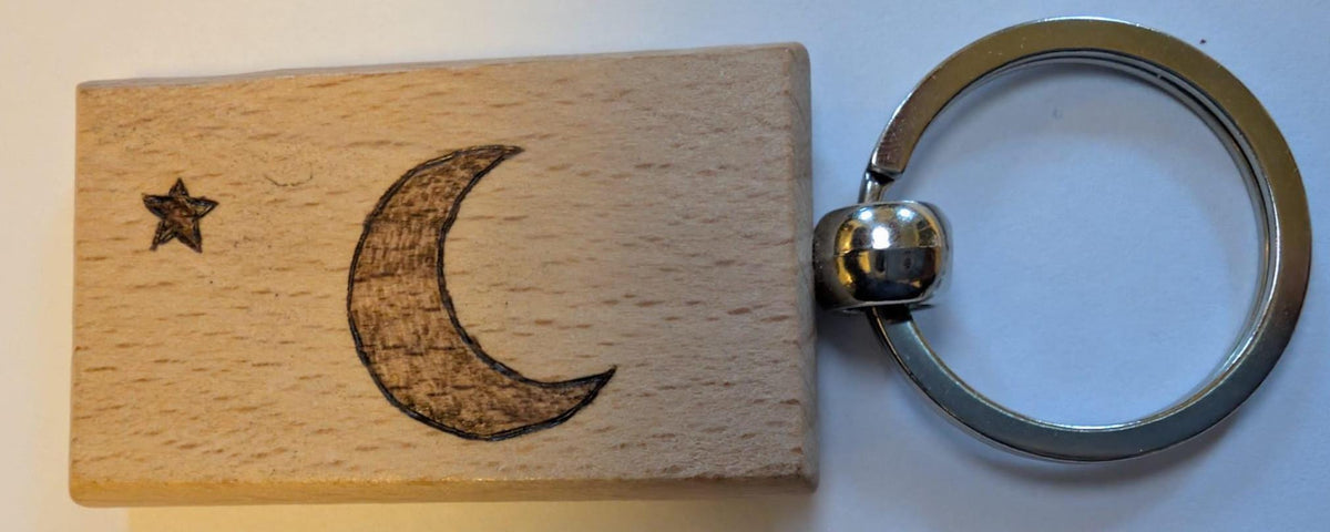 Hand Burned Wooden Keyring – Celestial Sun Moon Star Constellation Keychain