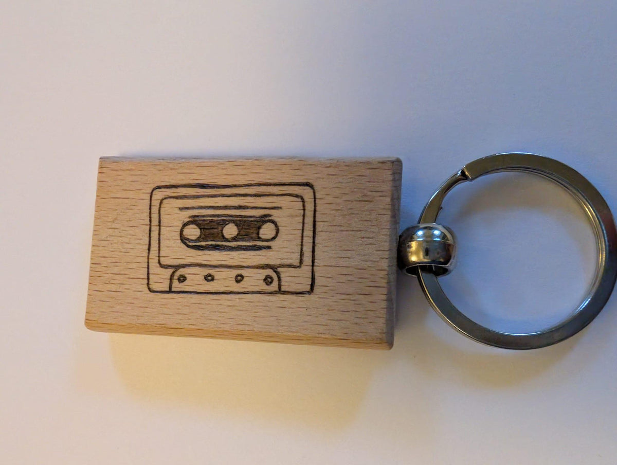 Hand Burned Wooden Music Keyring – Cassette, Headphones, Microphone Designs - Music Teacher Gift