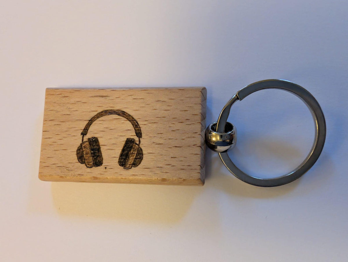 Hand Burned Wooden Music Keyring – Cassette, Headphones, Microphone Designs - Music Teacher Gift