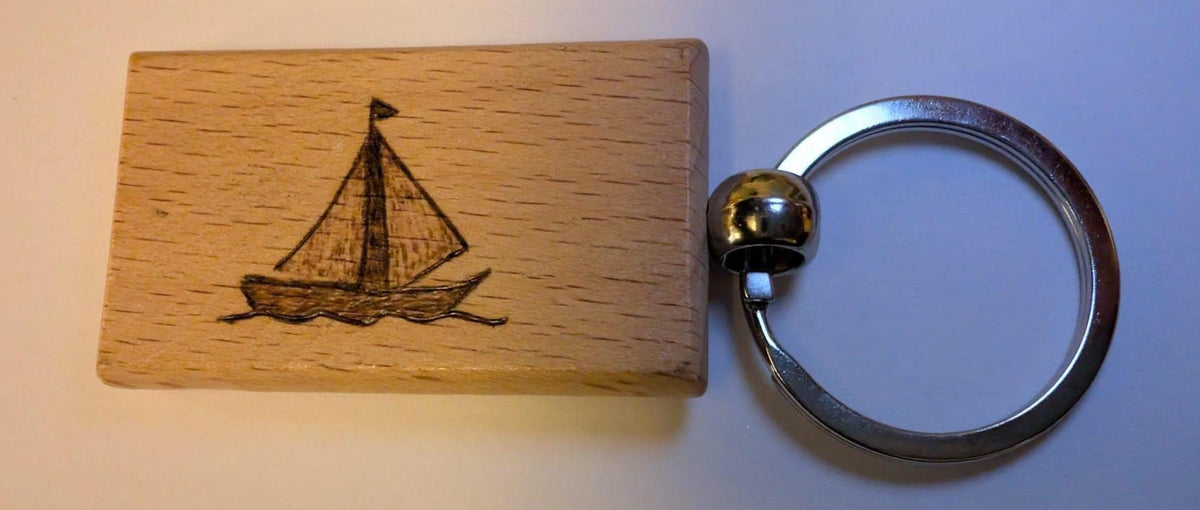 Hand Burned Wood Keyring – Camper Van, Mountains, Sailboat, Camera Designs