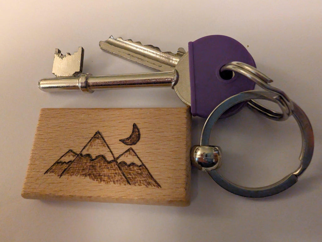 Hand Burned Wood Keyring – Camper Van, Mountains, Sailboat, Camera Designs