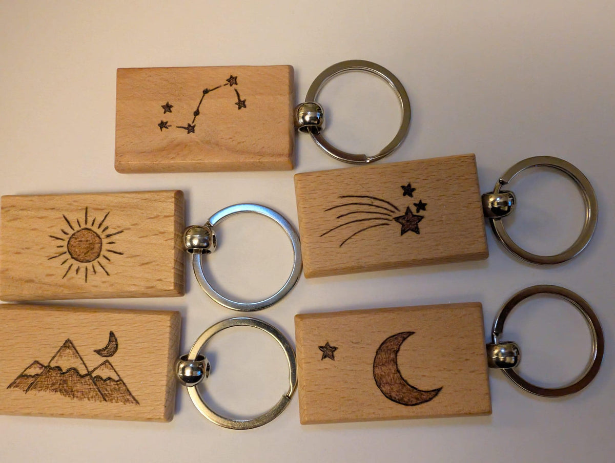 Hand Burned Wooden Keyring – Celestial Sun Moon Star Constellation Keychain