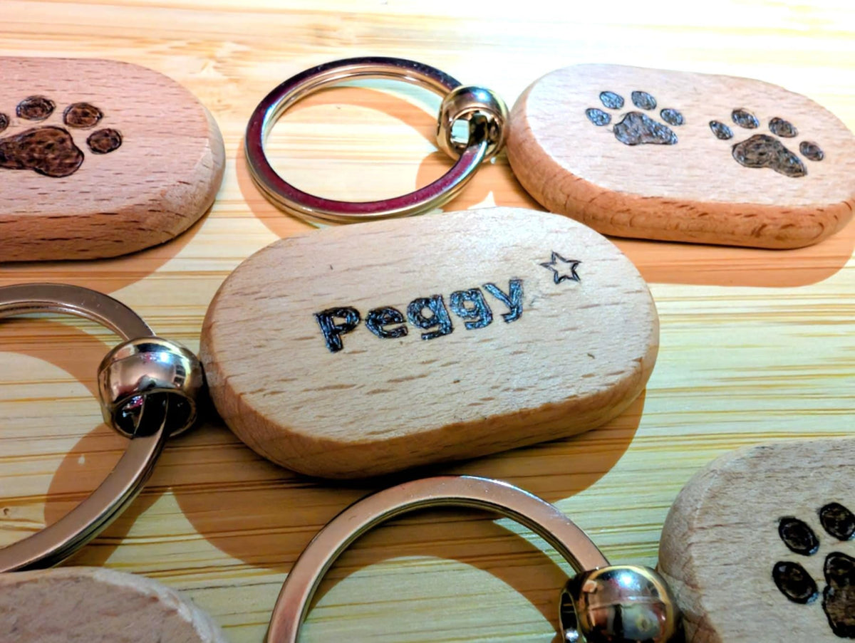 Personalisable Paw Print Wooden Keyring - Hand Burned Pyrography Pet Lover Gift