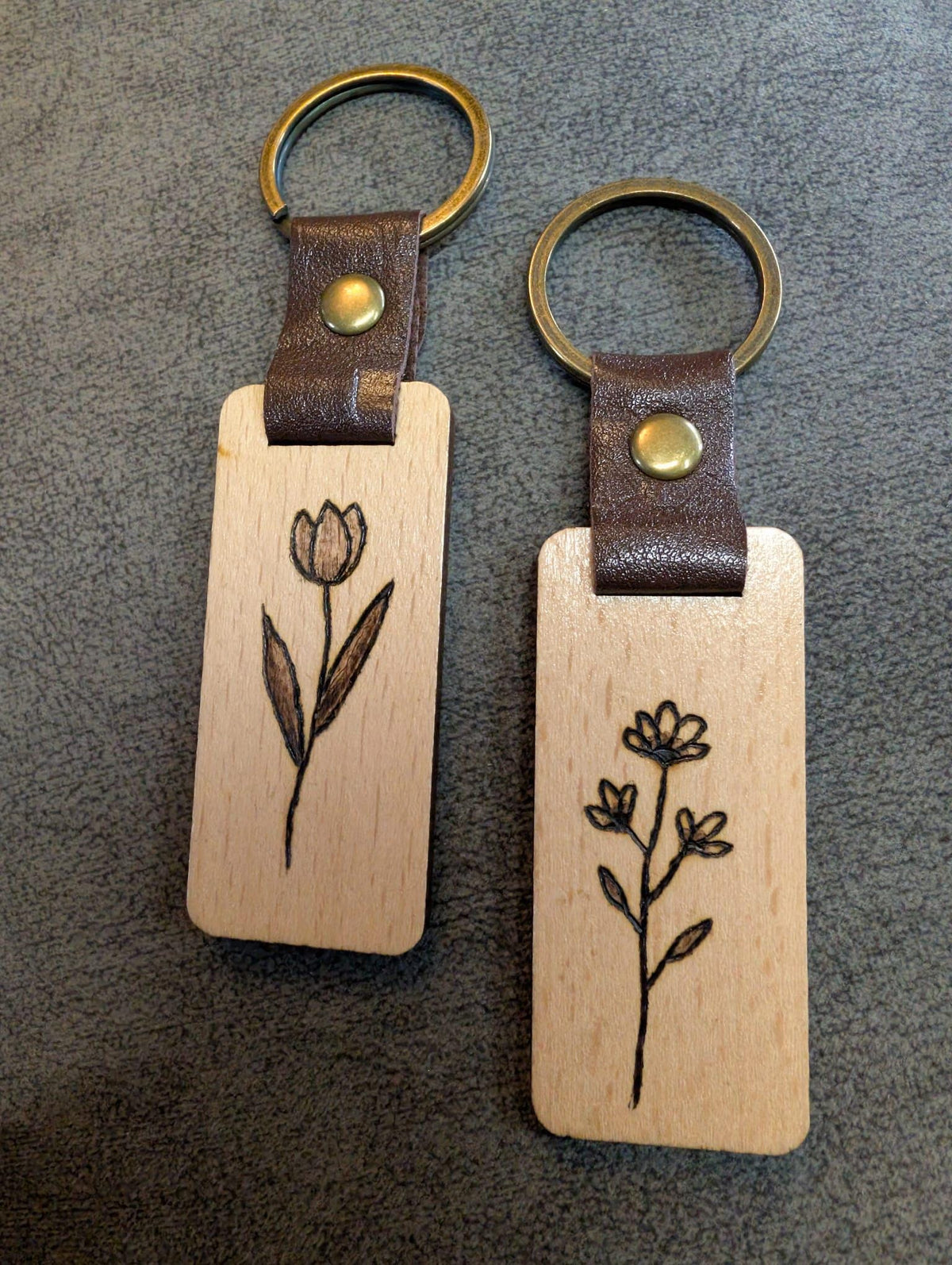 Hand Burned Rustic Botanical Wooden Keyring