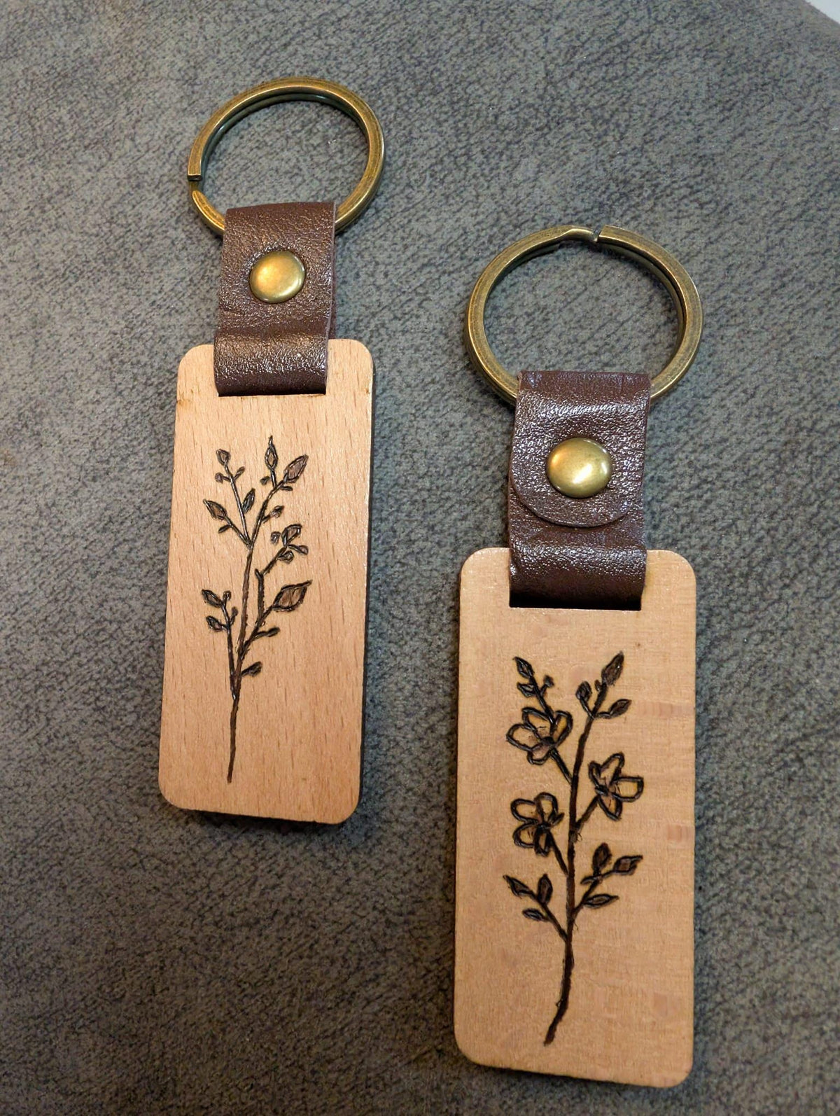 Hand Burned Rustic Botanical Wooden Keyring