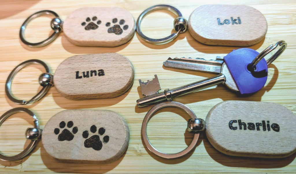Personalisable Paw Print Wooden Keyring - Hand Burned Pyrography Pet Lover Gift