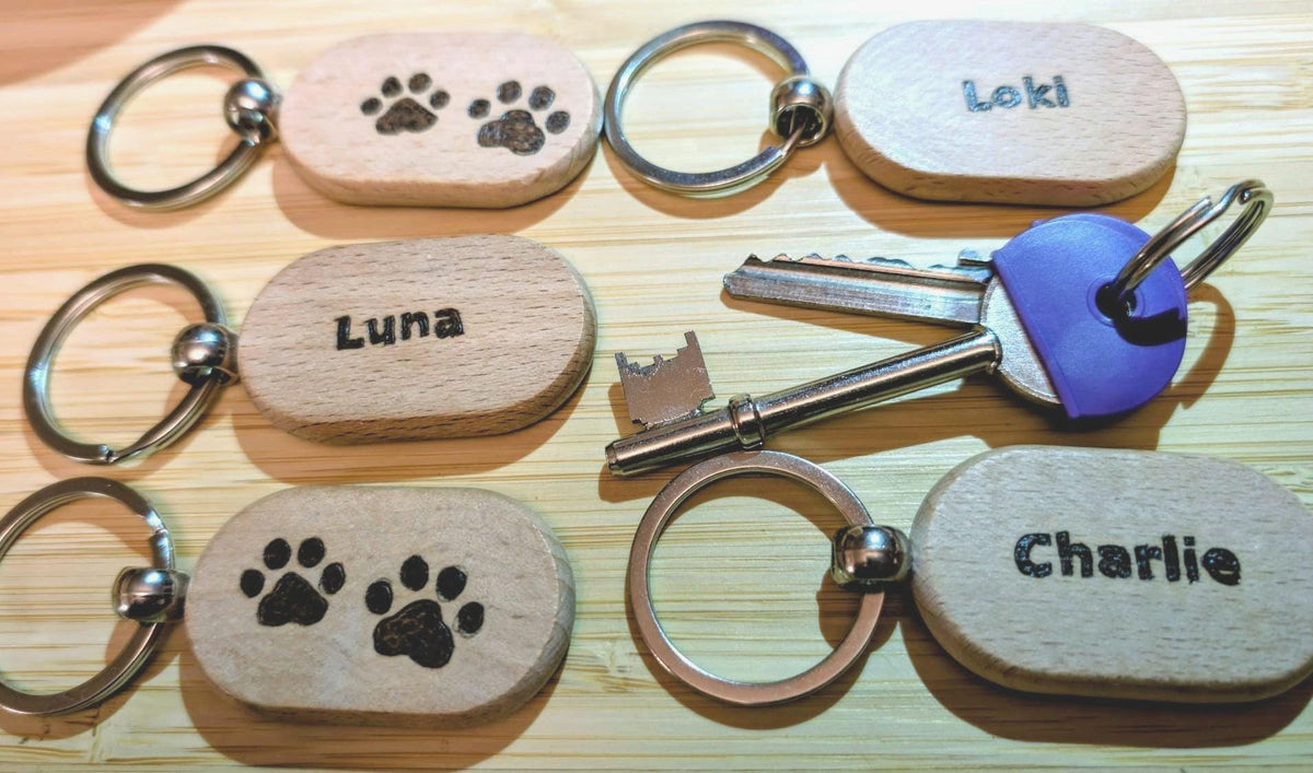 Personalisable Paw Print Wooden Keyring - Hand Burned Pyrography Pet Lover Gift