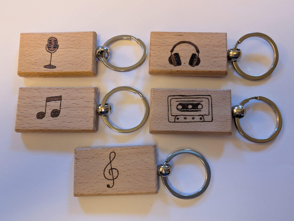 Hand Burned Wooden Music Keyring – Cassette, Headphones, Microphone Designs - Music Teacher Gift
