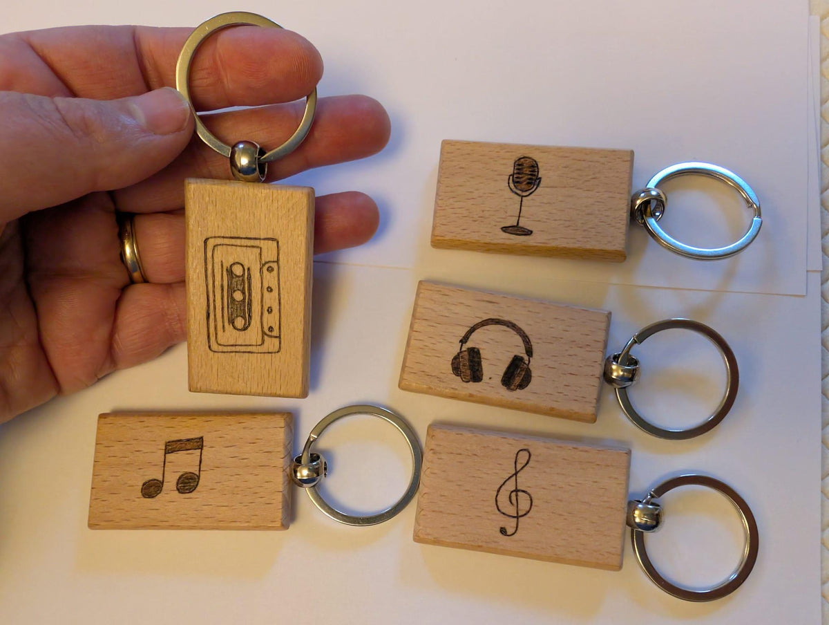 Hand Burned Wooden Music Keyring – Cassette, Headphones, Microphone Designs - Music Teacher Gift