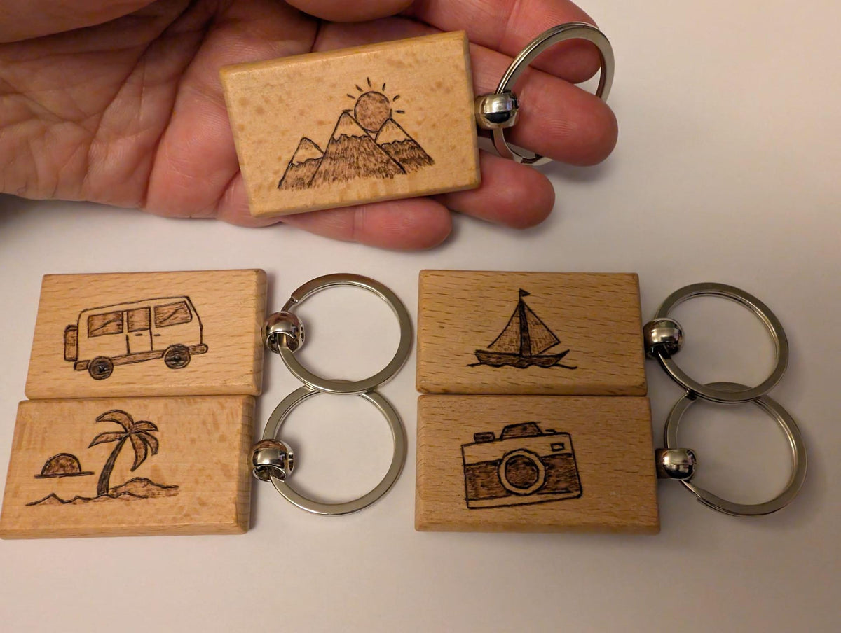 Hand Burned Wood Keyring – Camper Van, Mountains, Sailboat, Camera Designs