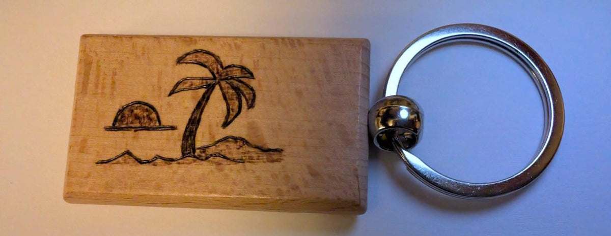Hand Burned Wood Keyring – Camper Van, Mountains, Sailboat, Camera Designs