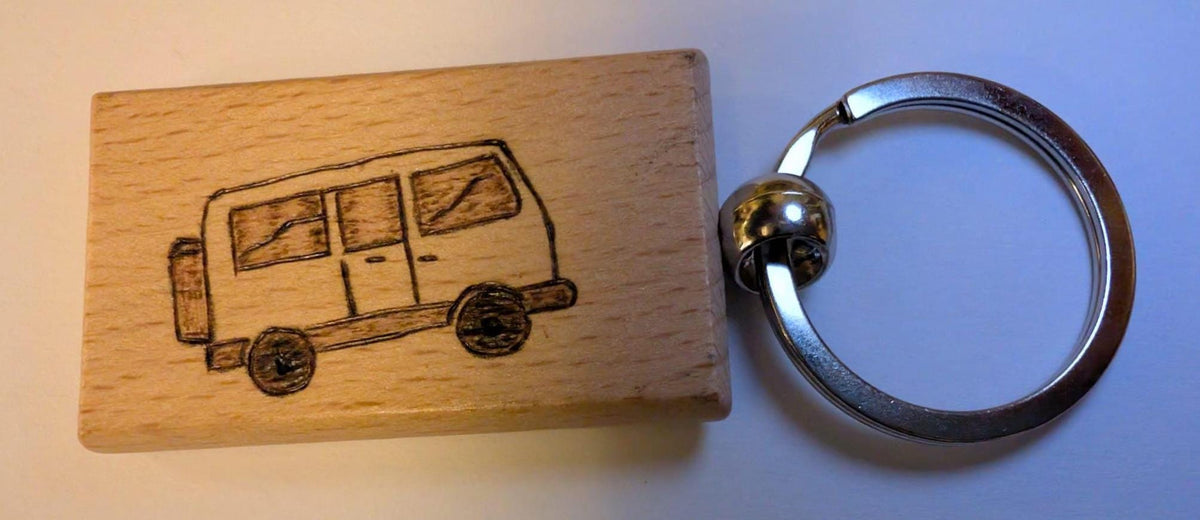 Hand Burned Wood Keyring – Camper Van, Mountains, Sailboat, Camera Designs