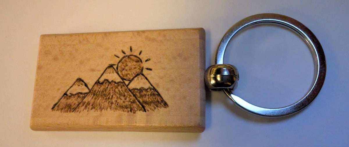 Hand Burned Wood Keyring – Camper Van, Mountains, Sailboat, Camera Designs