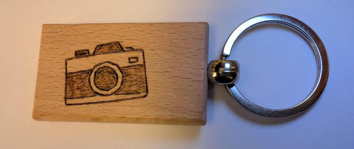 Hand Burned Wood Keyring – Camper Van, Mountains, Sailboat, Camera Designs