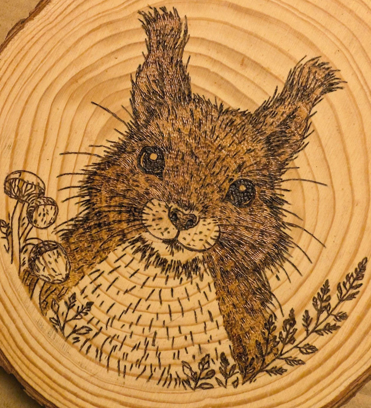 Red Squirrel Hand Burned Pyrography Wood Slice Wall Art