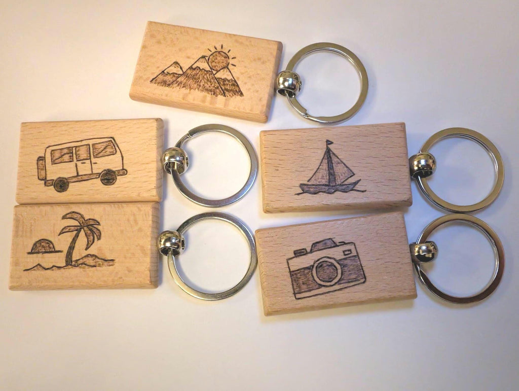 Hand Burned Wood Keyring – Camper Van, Mountains, Sailboat, Camera Designs
