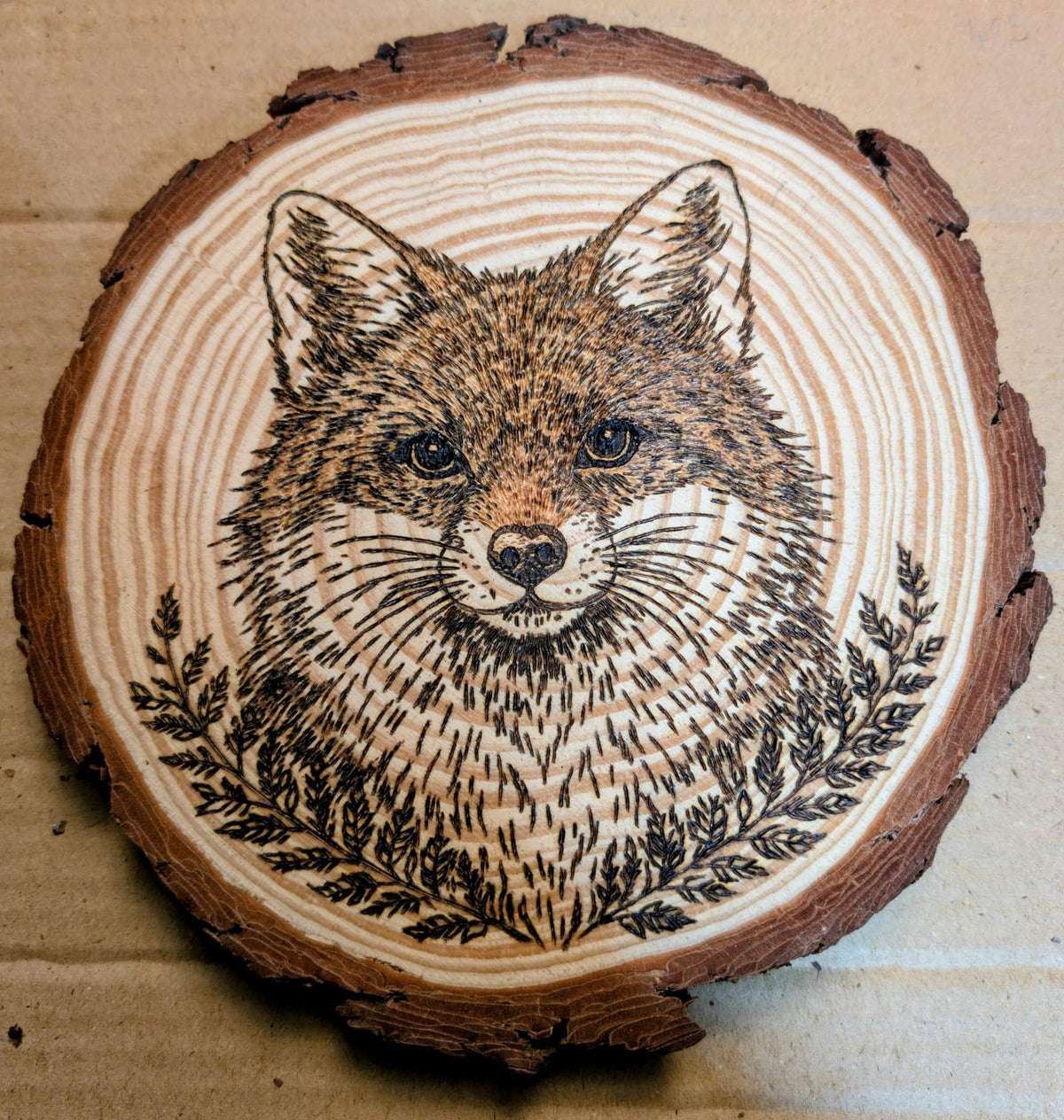 Fox Hand Burned Pyrography Wood Slice Wall Art