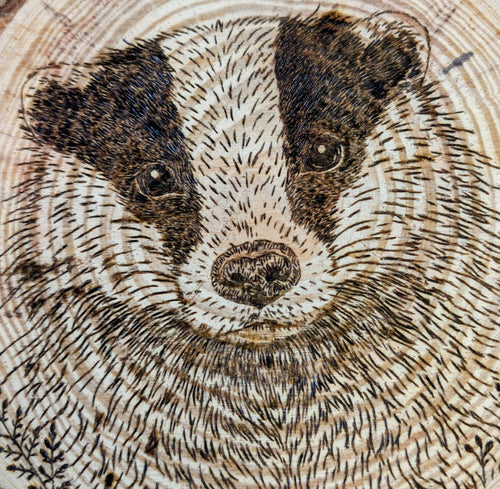 Badger Hand Burned Pyrography Wood Slice Wall Art