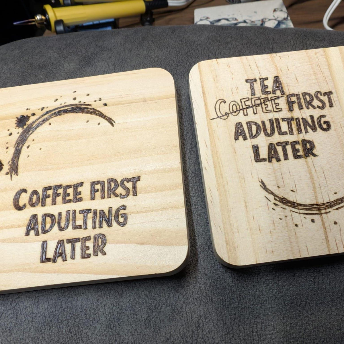 Funny Wood Coasters | Hand Pyrography Drink Coasters | Coffee Wine Quotes Home Decor