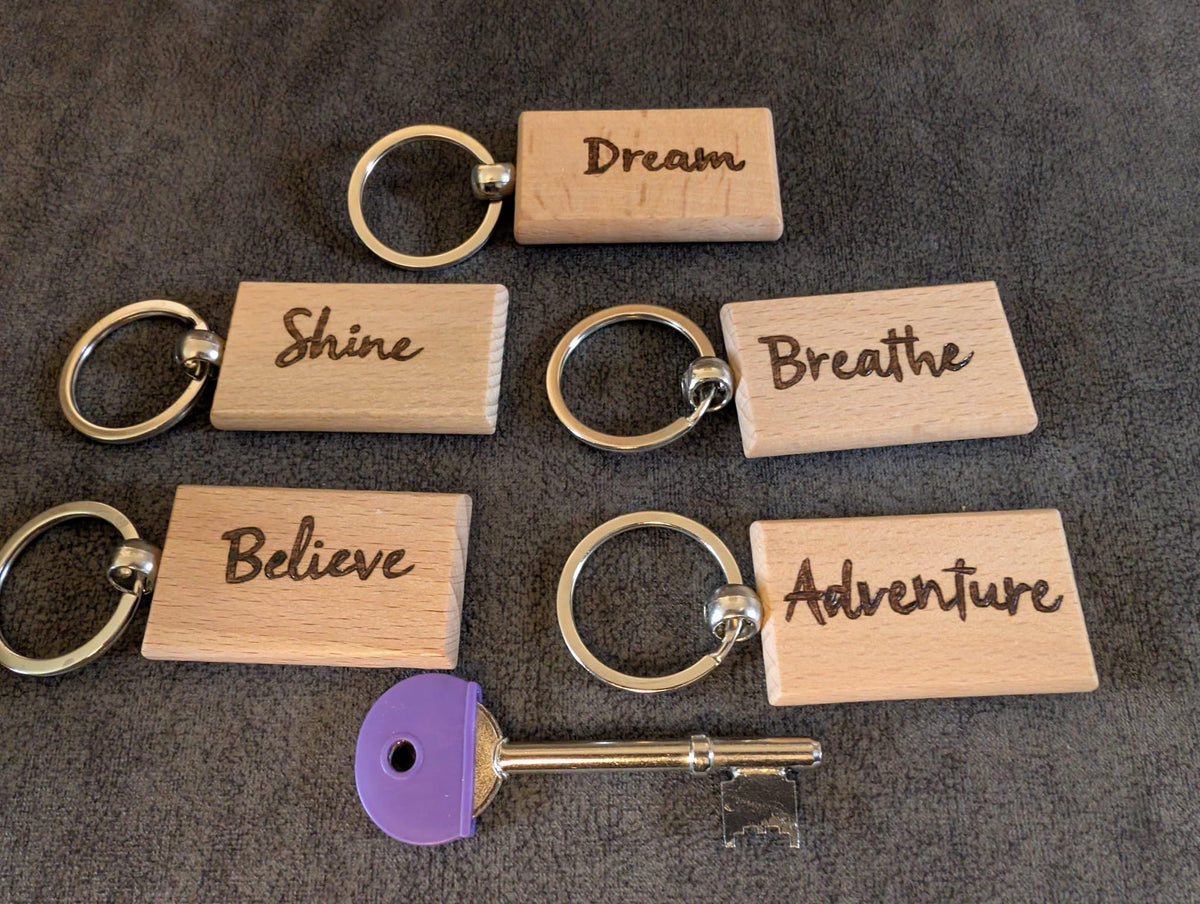 Hand Burned Positive Word Wooden Keyring