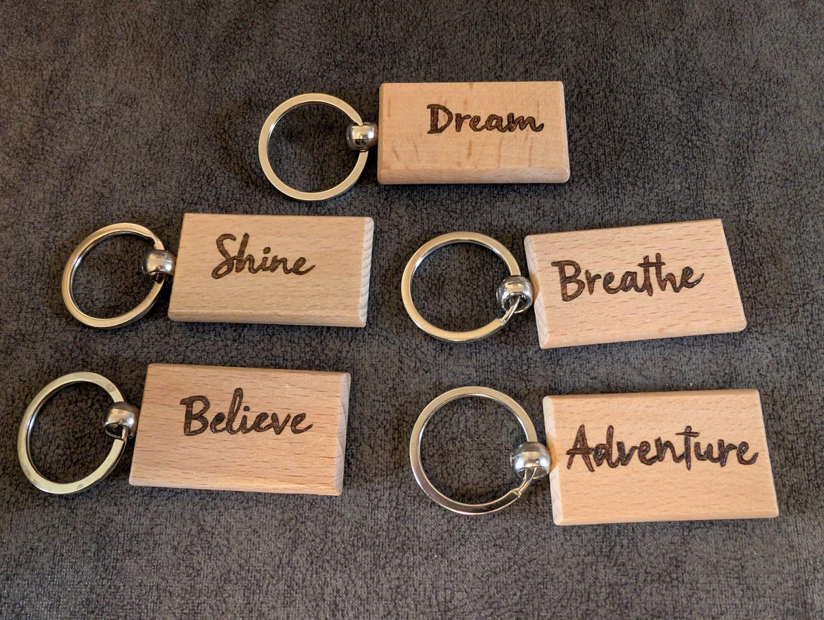 Hand Burned Positive Word Wooden Keyring