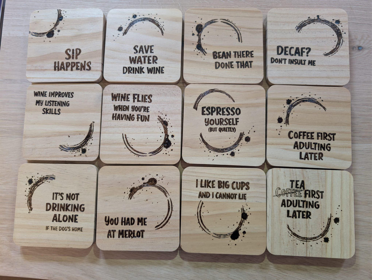 Funny Wood Coasters | Hand Pyrography Drink Coasters | Coffee Wine Quotes Home Decor