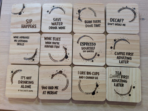 Funny Wood Coasters | Hand Pyrography Drink Coasters | Coffee Wine Quotes Home Decor