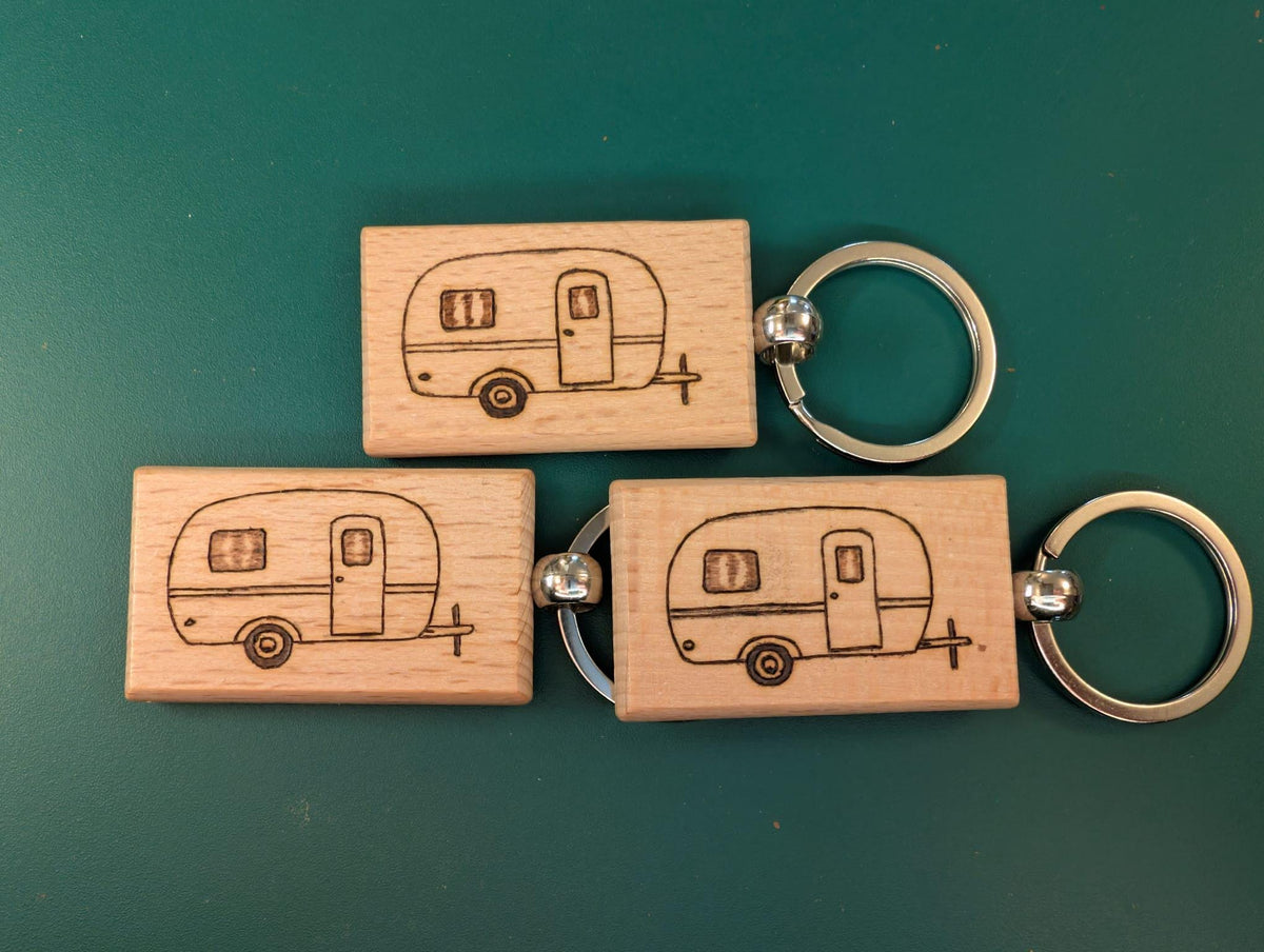 Hand Burned Wood Keyring – Camper Van, Mountains, Sailboat, Camera Designs