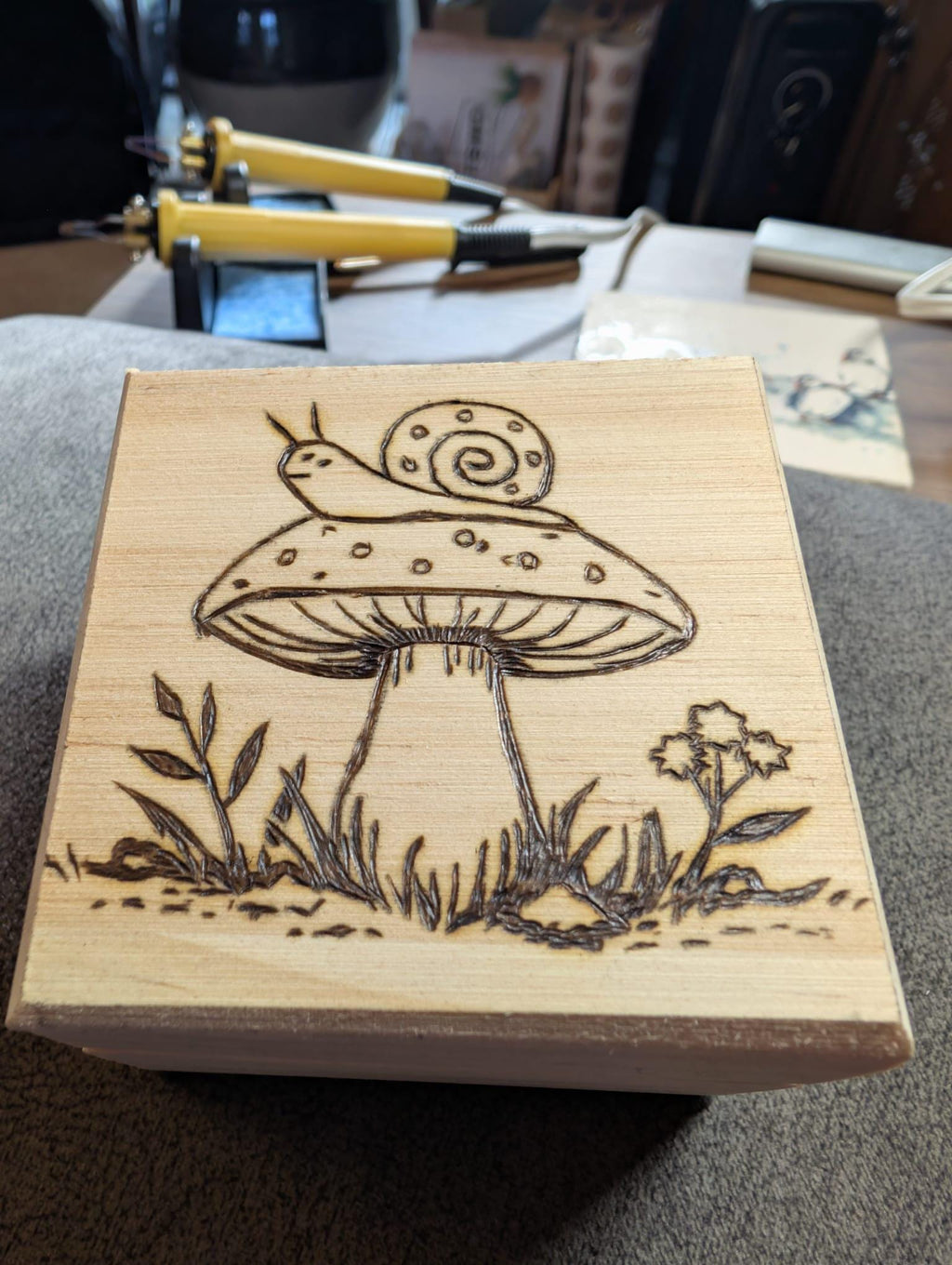 Hand Burned Woodland Mushroom Trinket Box