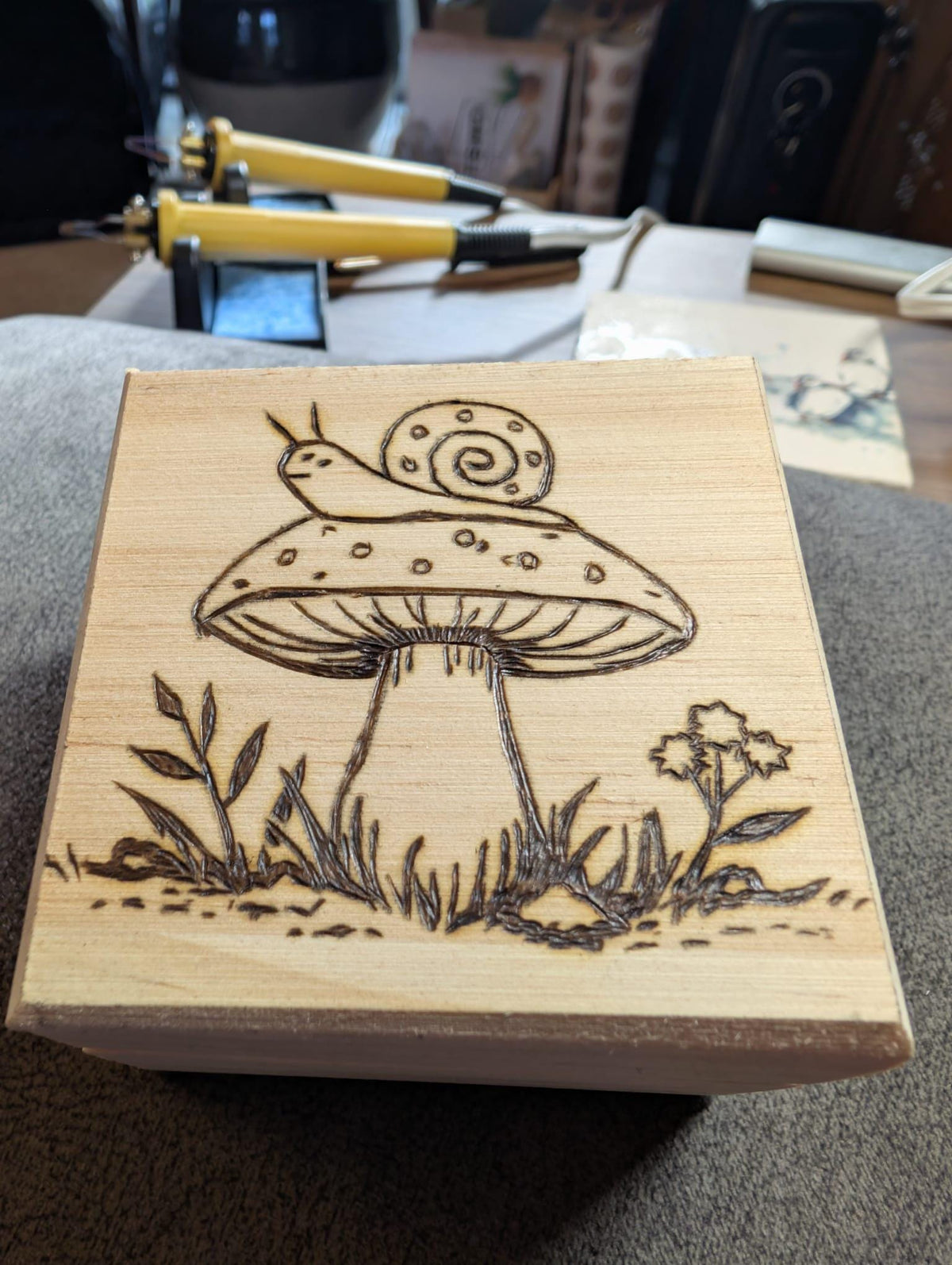 Hand Burned Woodland Mushroom Trinket Box