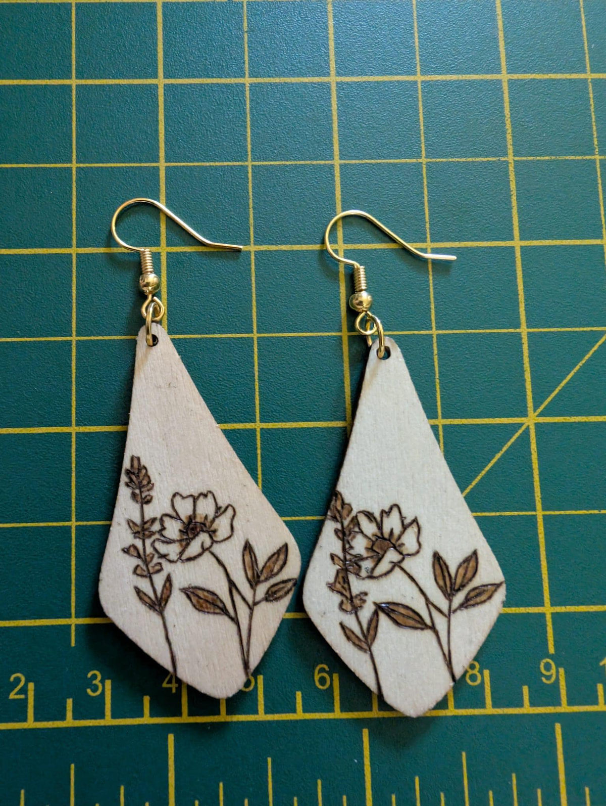 Hand Burned Wooden Floral Earrings
