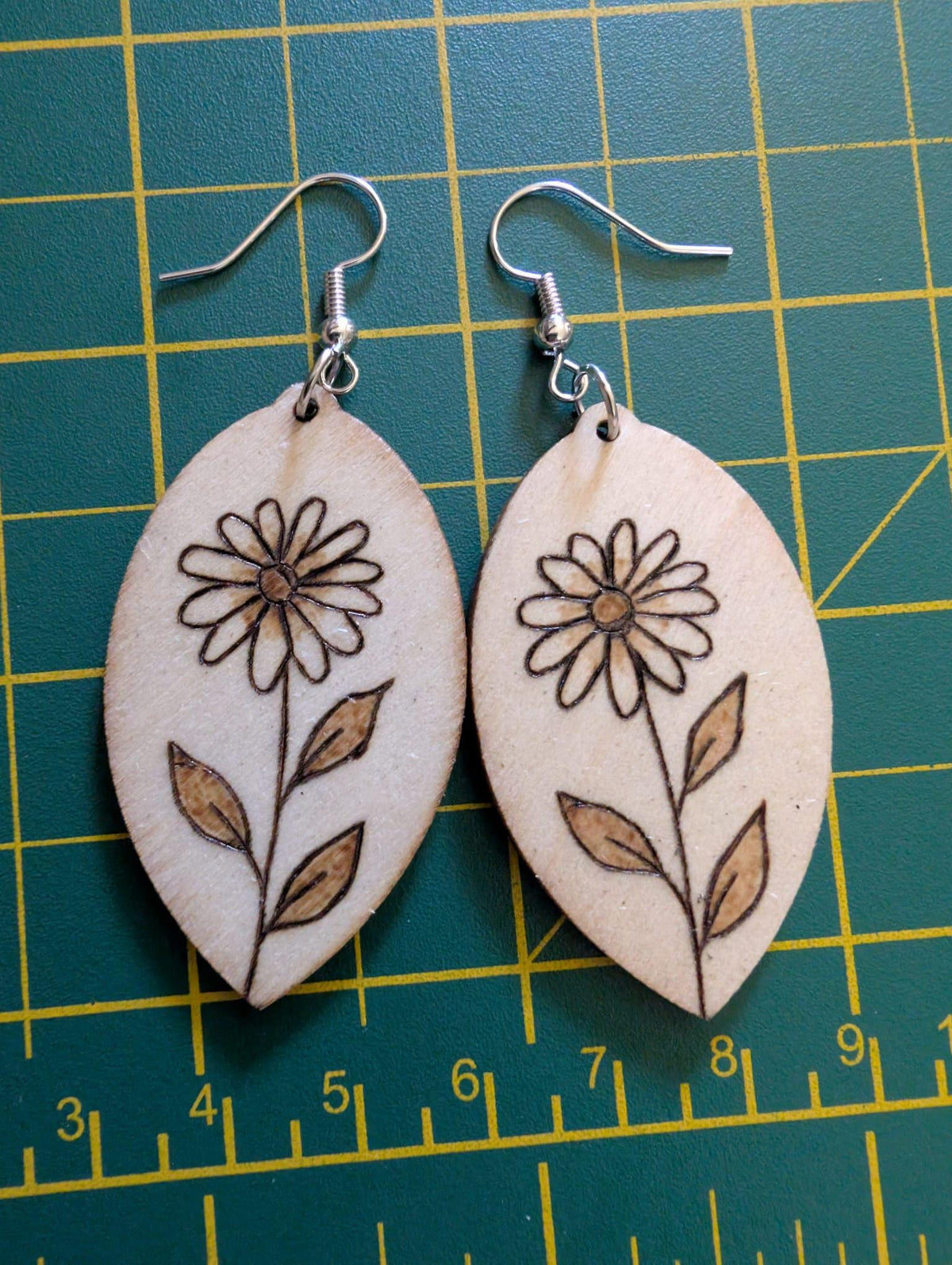 Hand Burned Wooden Floral Earrings