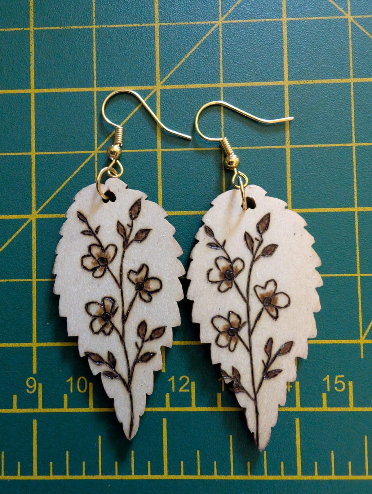 Hand Burned Wooden Floral Earrings