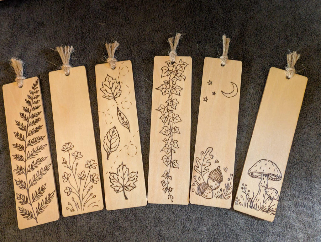 Hand burned wooden bookmarks inspired by nature