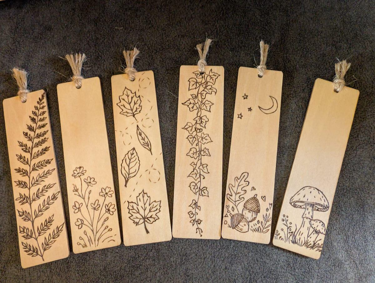 Hand burned wooden bookmarks inspired by nature